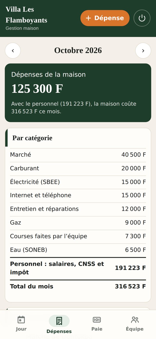 Dépenses du mois par catégorie : marché, carburant, électricité